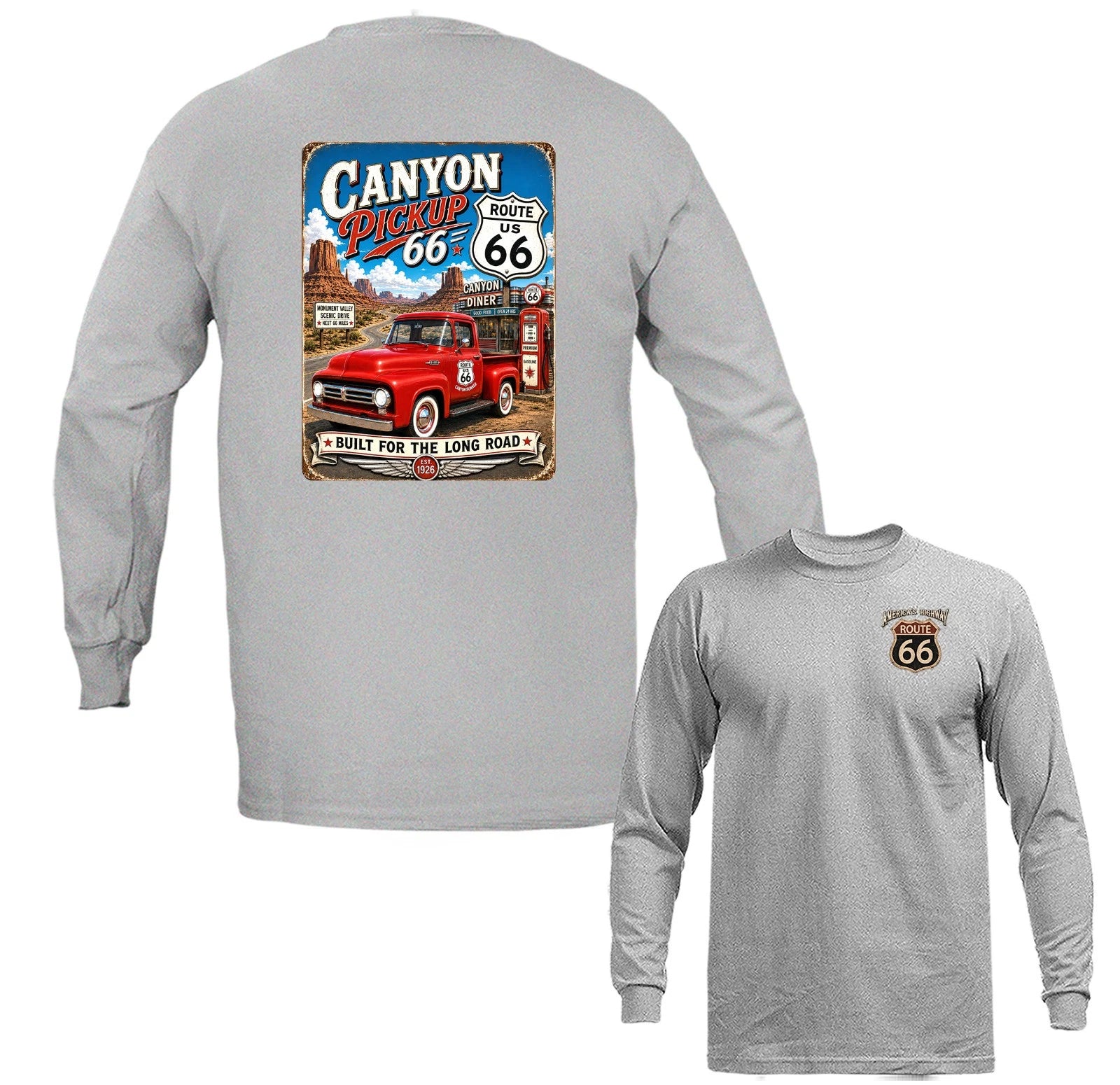 Retro Route 66 Canyon Diner Pickup Truck Hot Rod Long Sleeve Shirt