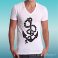 T-Shirt V Neck Black Anchor Old Style Vintage