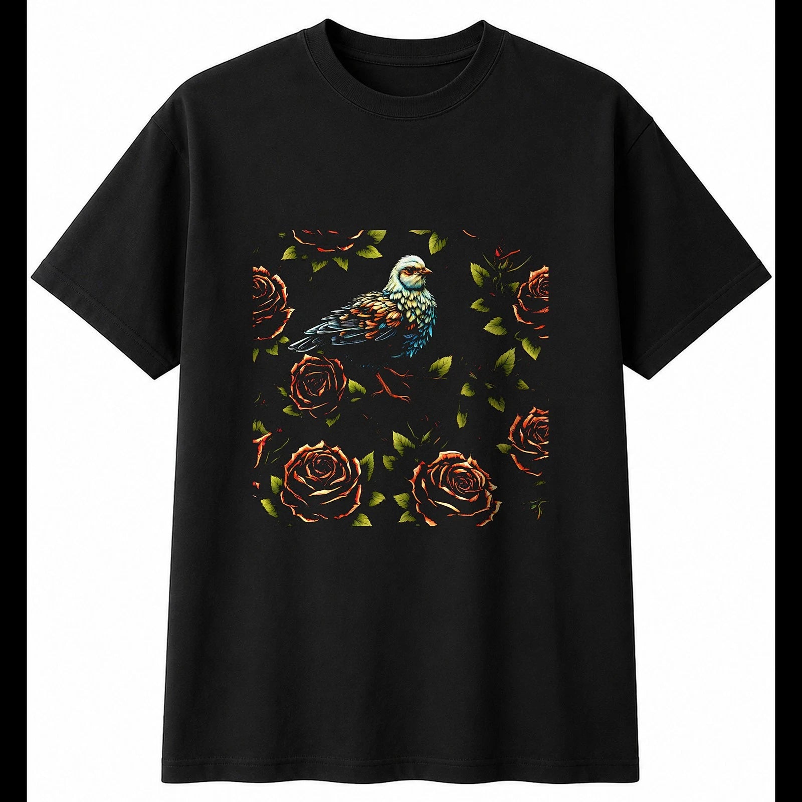 Detailed Chick with Roses Chicken Cute Mens T-Shirt Black 100% Cotton Kawaii
