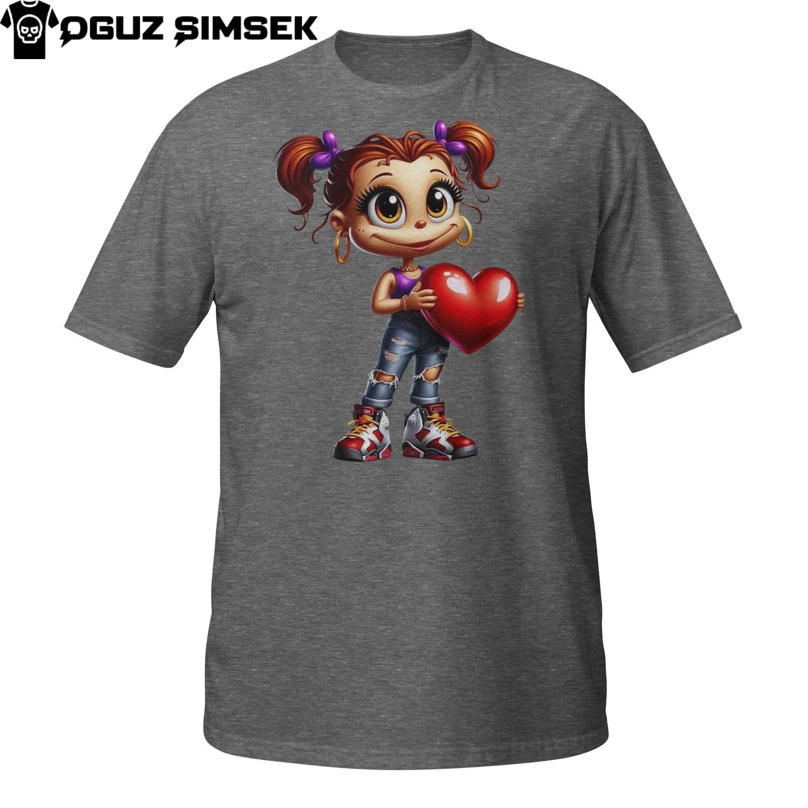 Valentine's Day Cute Girl T-Shirt – Urban Streetwear Style Holding a Heart