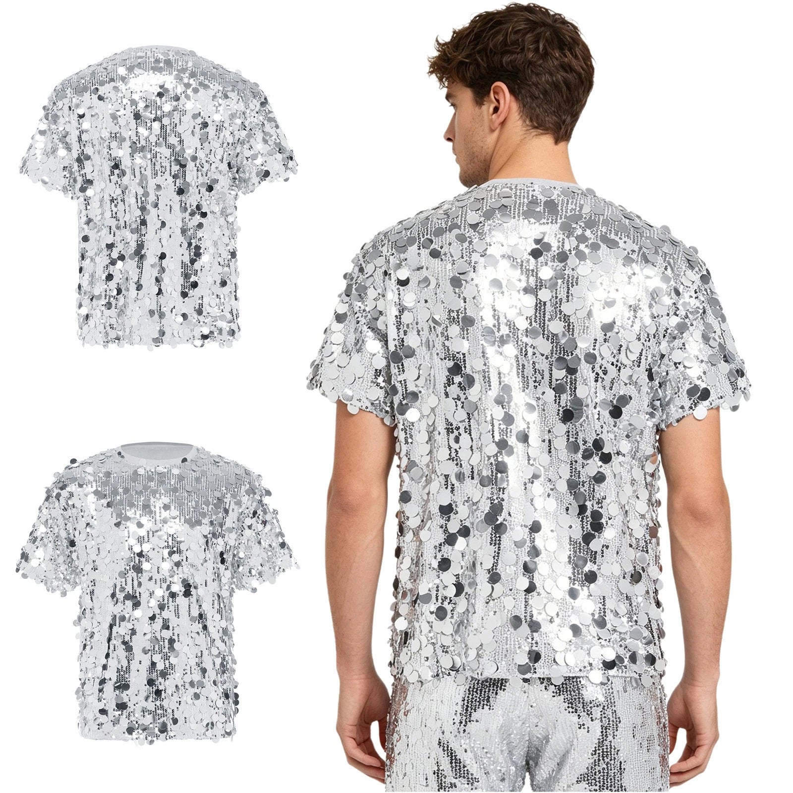 Men Tee Summer T-shirt Crew Neck Dance Top Dates Sequins Daily Wear Glitter
