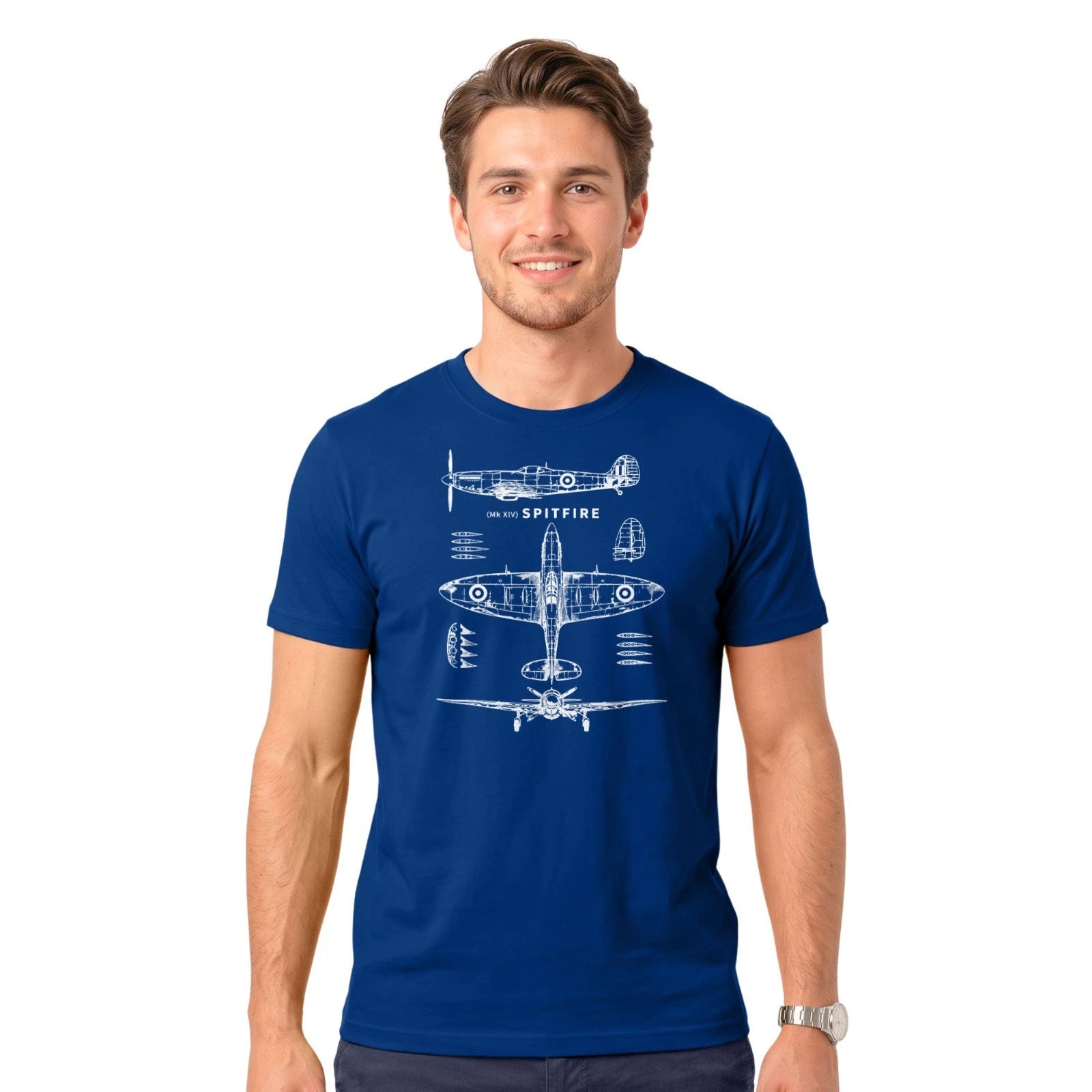 Spitfire Aircraft T Shirt Aviation Plane Blueprint WWII British Military Tee