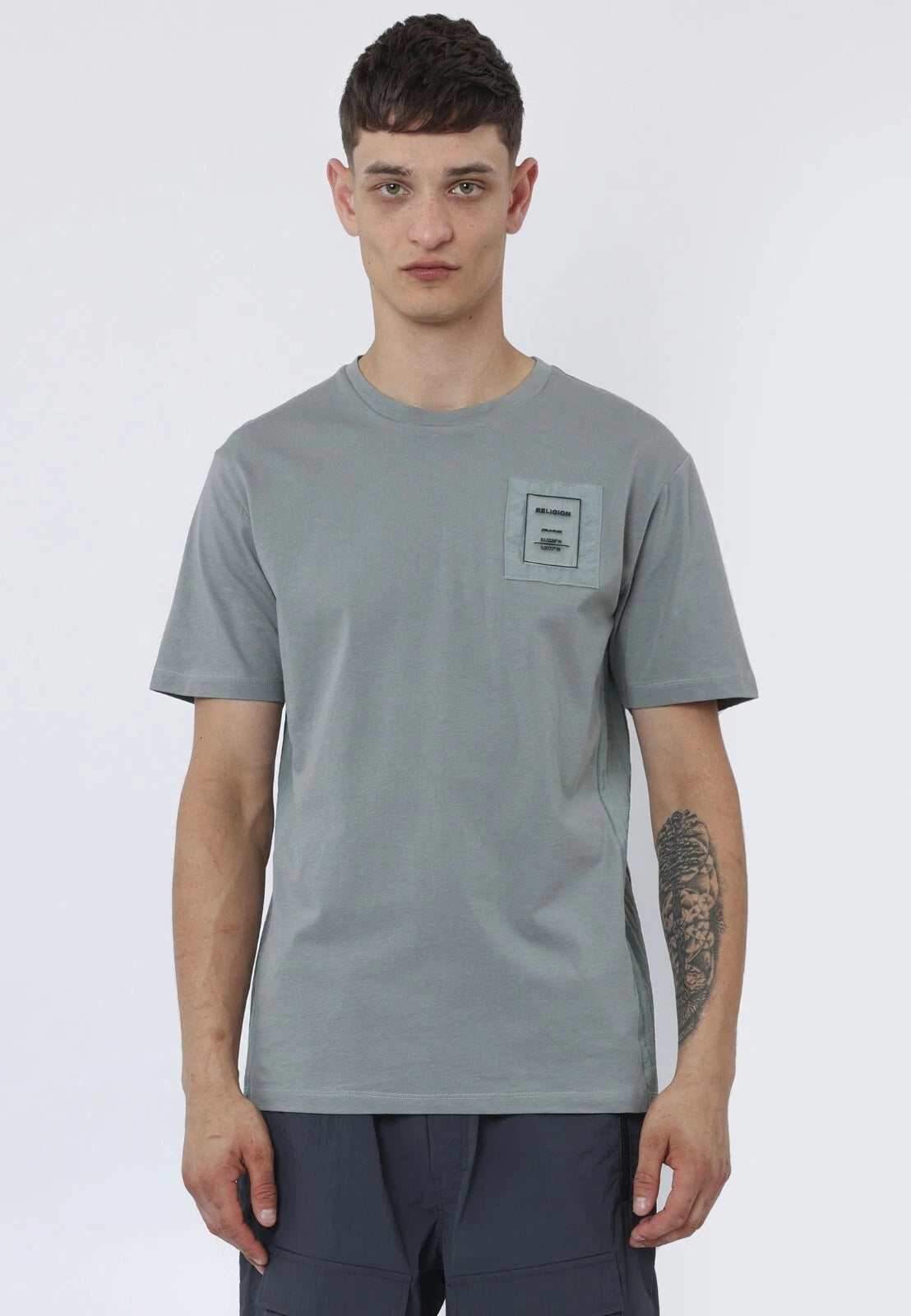 Mens Religion Clothing Plain Panel Crew Neck Casual Cotton TShirt Soft Khaki