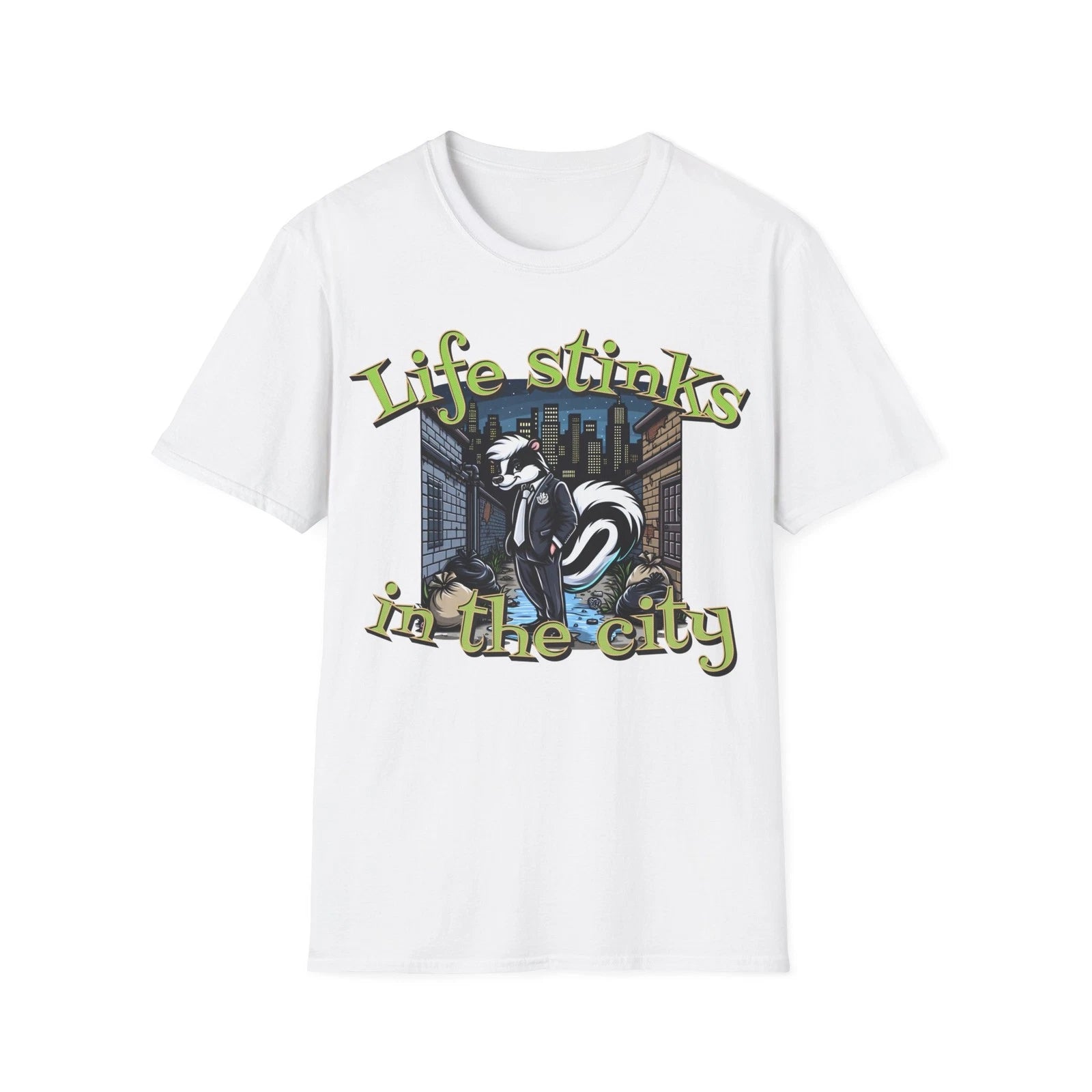 Urban Skunk Cartoon T-Shirt - 'Life Stinks in the City' Graphic Tee