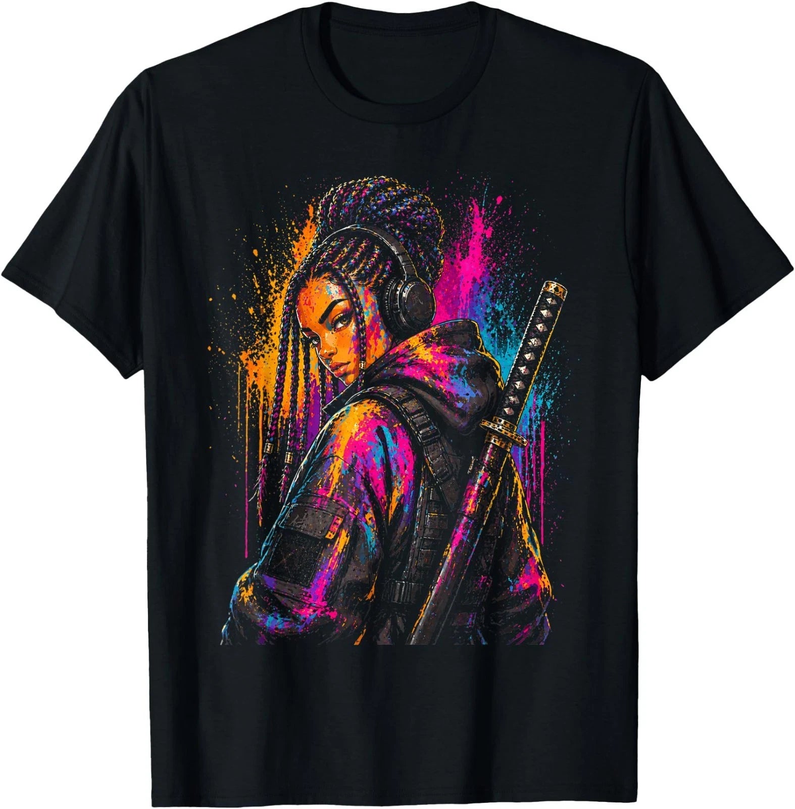 Anime Samurai Girl Colorful Streetwear Warrior Art T-Shirt