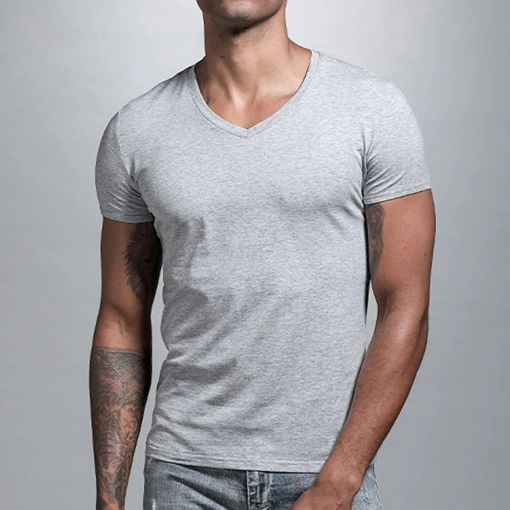 Summer V Neck Low Cut T Shirt for Men Short Sleeve Pullover Comfortable Fit