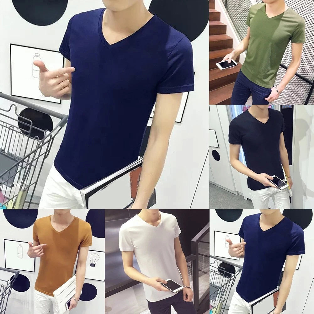 Mens Loose Casual T Shirt Short Sleeve V Neck Solid Color Pullover Top