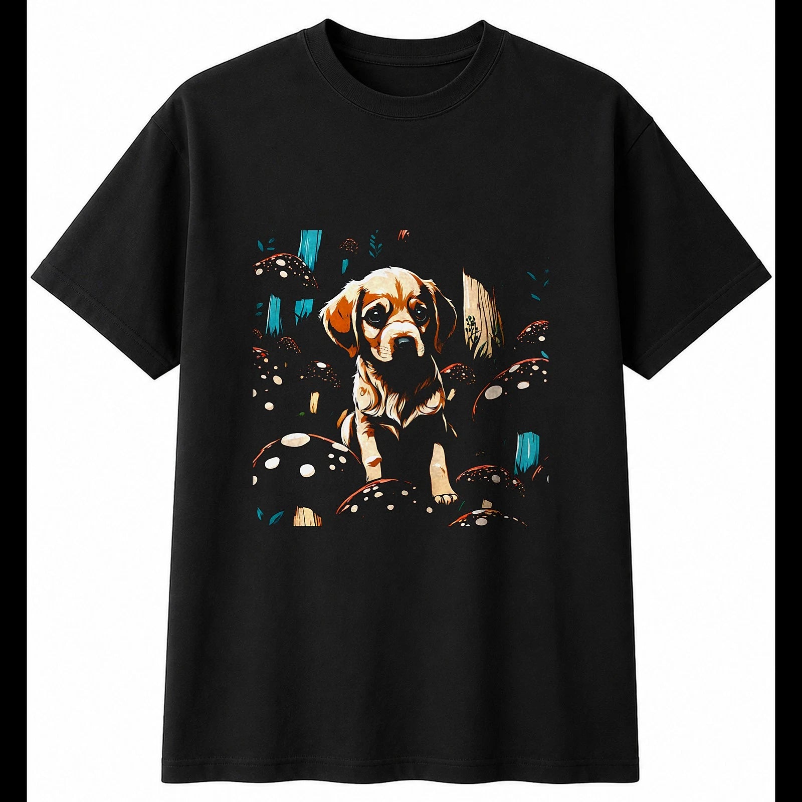 Puppy with Mushrooms Dog Cute Mens T-Shirt Black 100% Cotton Novelty Kawaii