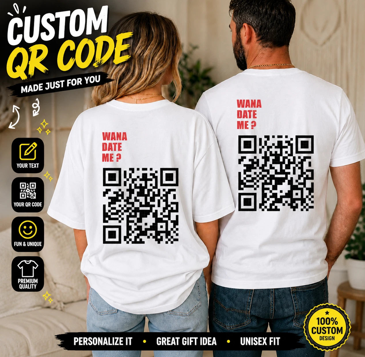 Personalised Wana Date Me Custom QR Code T Shirt Unisex Funny Gift Tee UK