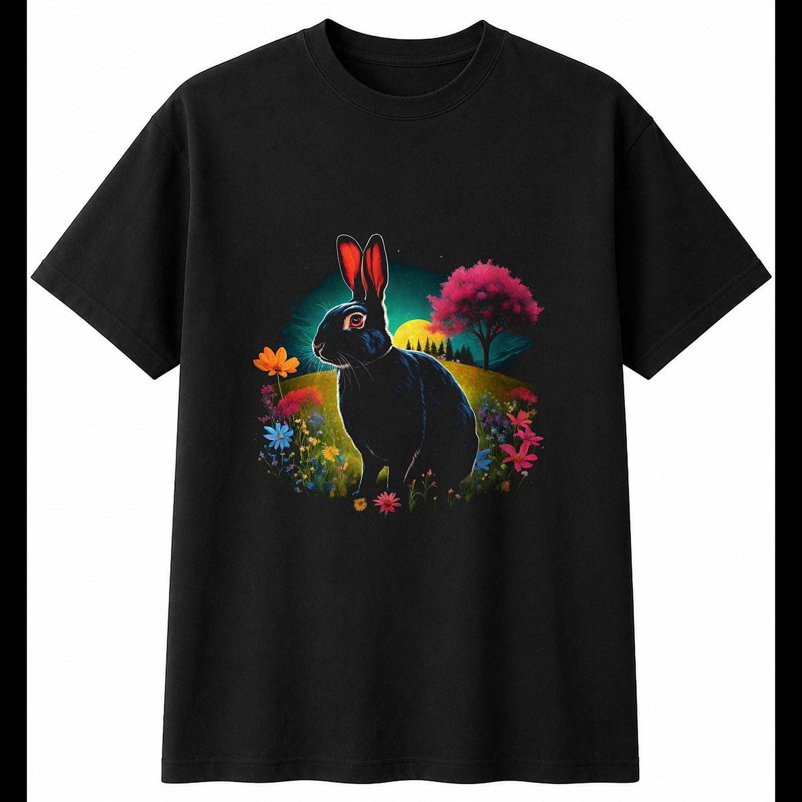 Double Exposure Rabbit with Flowers Cute Mens T-Shirt Black 100% Cotton Kawaii