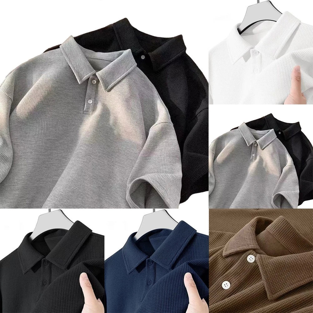 Men Fashion Short Sleeve T Shirt Solid Color Turn Down Collar Streetwear Top