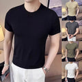 Men Slim Fit Short Sleeve T-Shirt Ice Silk Fabric Ribbed Crew Neck Stretchy