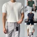 Stripe Design Men Slim T-shirt Elastic Crew Neck Polyester Stripe Pattern