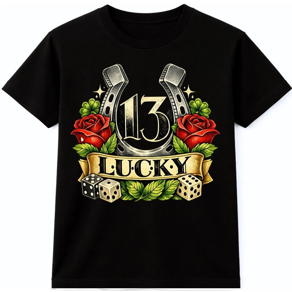 Lucky 13 T Shirt Horseshoe Roses Dice Vintage Gambling Good Luck Graphic Tee