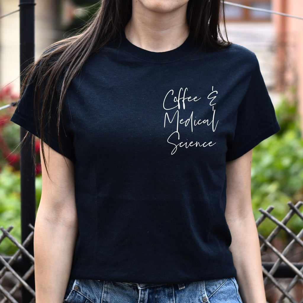 Coffee and medical science pocket Unisex Med scientist tee T-shirt Black Navy Da