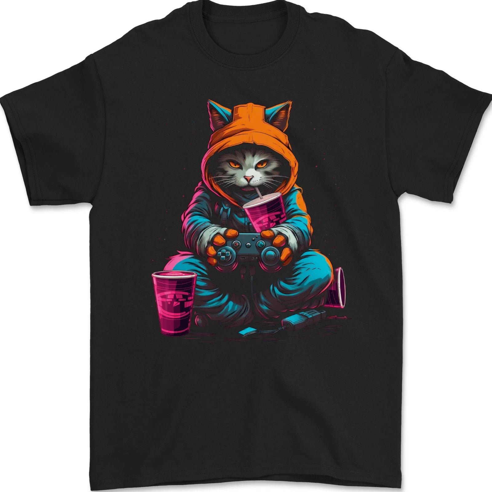 A Gaming Cat Cool Gamer Video Games Mens T-Shirt 100% Cotton