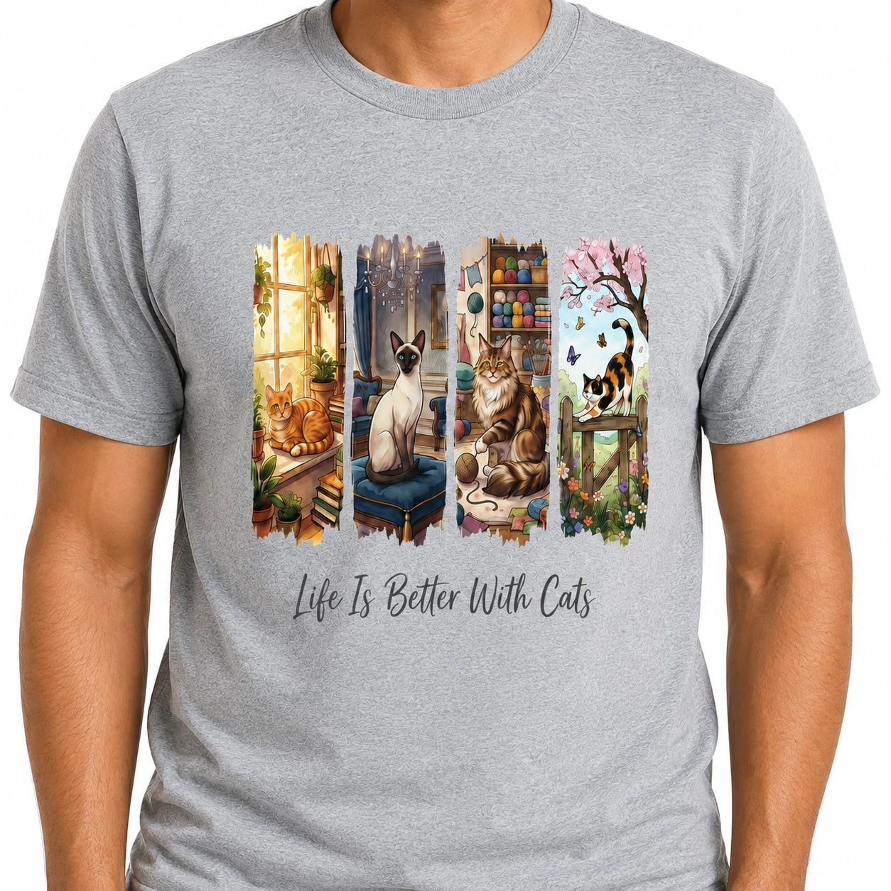 Life Is Better With Cats T-Shirt Four Panel Cat Illustration Graphic Tee