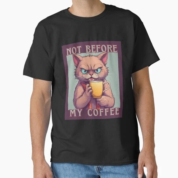 Angry cat before his coffee yellow cup Classi T-Shirt Made in US/AUS Size S-2XL