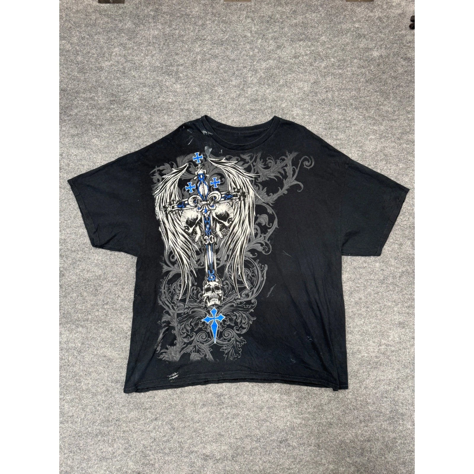 Black Gothic Cross Skull Wings Graphic T Shirt Mens 2XL Streetwear Biker