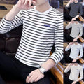 Long Sleeve Round Neck Stripe T-Shirt for Men Korean Style Slim Fit Casual Wear