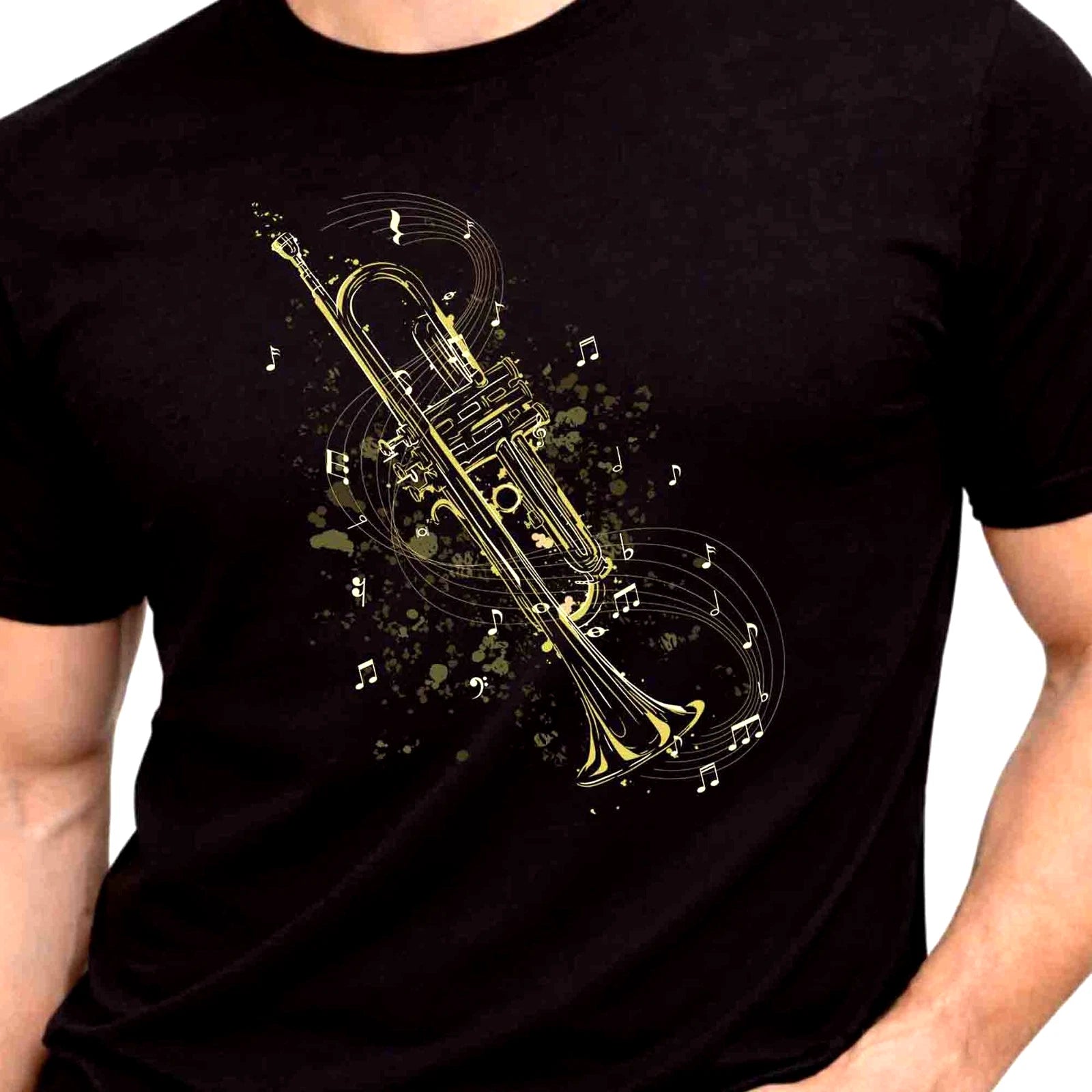 Trumpet Music Notes Graphic T-Shirt Jazz Instrument Musician Band Lover Tee
