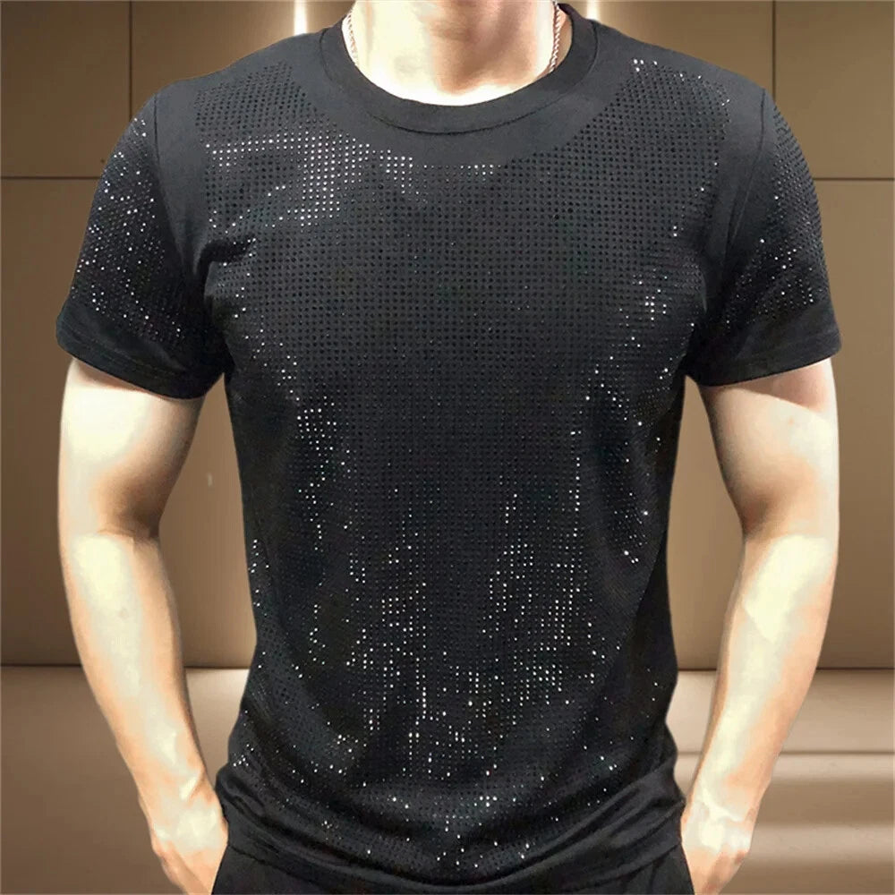 New Men Luxury Diamond Rhinestones Fashion Black White T-Shirt High Quality