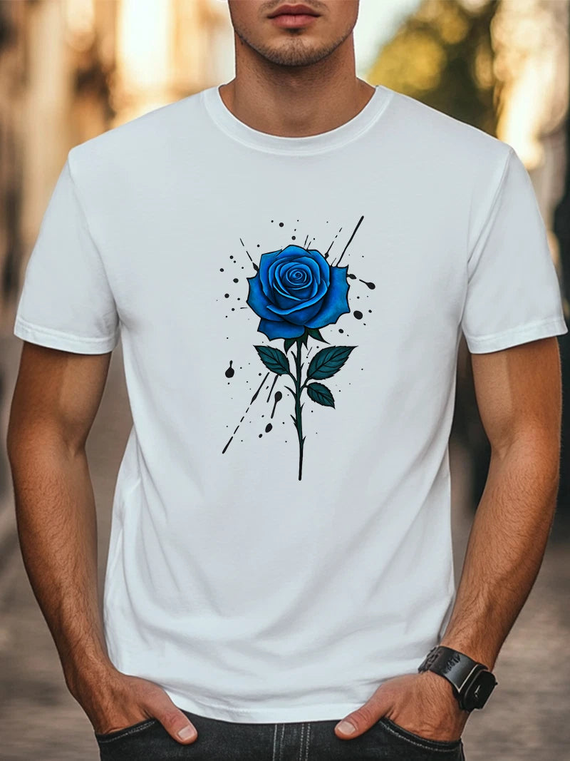 Blue Rose Art T-Shirt Watercolor Ink Splatter Floral Graphic Tee Unisex Tee