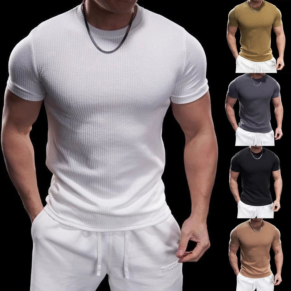 Men's Polyester 90% Spandex 10% Short Sleeve Round Neck Muscle T Shirt