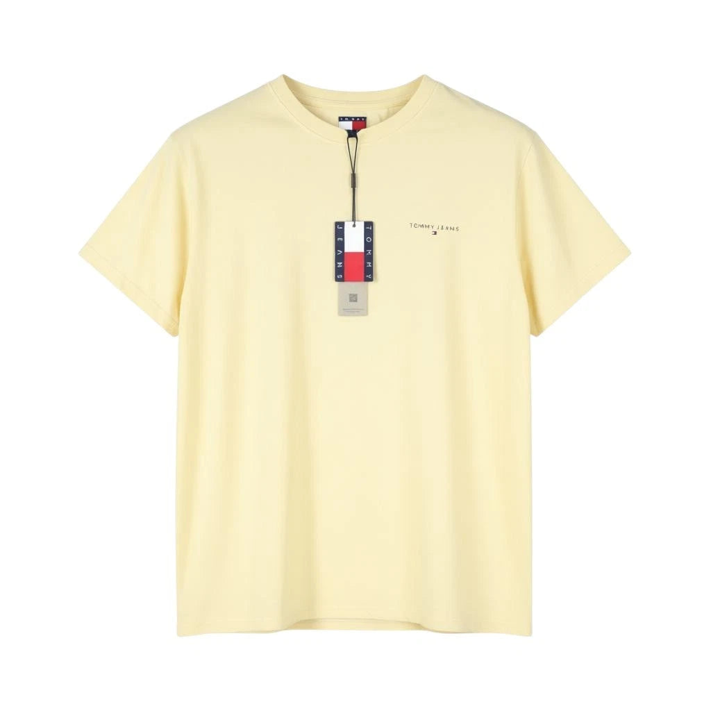 Tommy Jeans Slim Linear Ches Men T-Shirt L Custard Cream Crew Neck Tricot