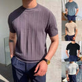 Men Korean Streetwear T Shirt Striped Knitted Short Sleeve O Neck Casual Top