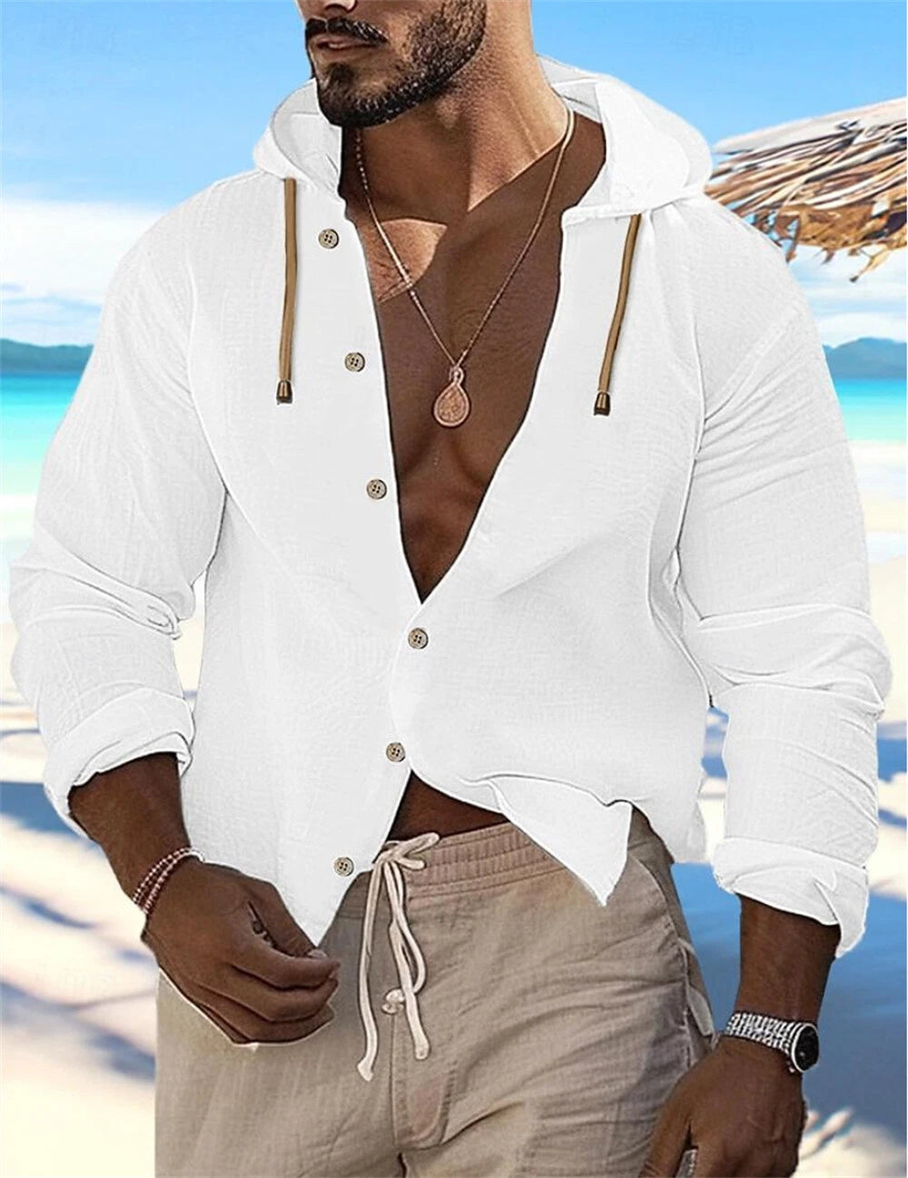 Men's Hooded Shirt Button Down Shirts Long Sleeve Casual Slim Fit Shirts