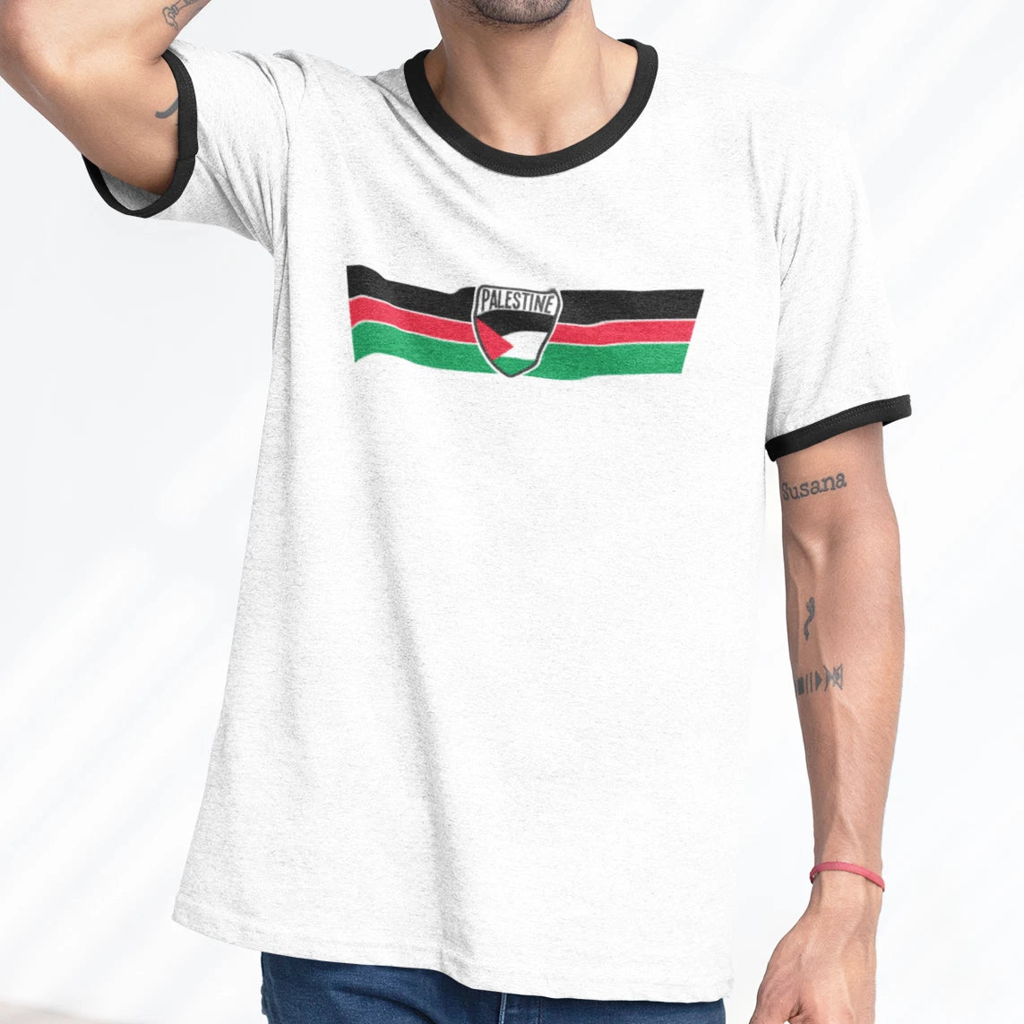 PALESTINE Mens  Ringer Tee T-Shirt Retro Strip FREEDOM Patriotism