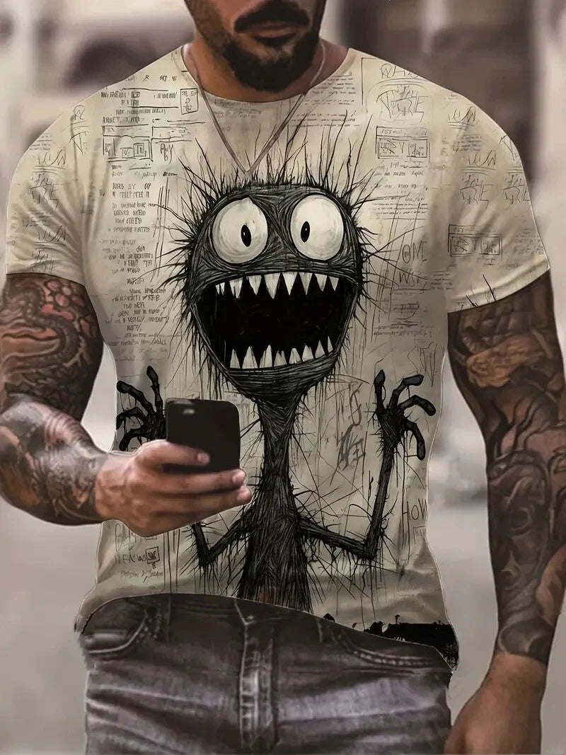 Anime Monster In Panic Pattern Men's Novelty Short Sleeve Crew Neck T-shirt