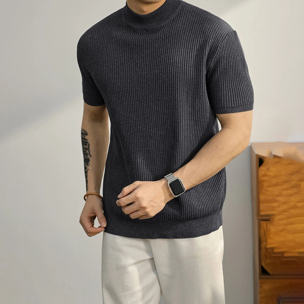 Business Casual Men Knitted T-shirt Short Sleeve Round Neck Knitted Texture