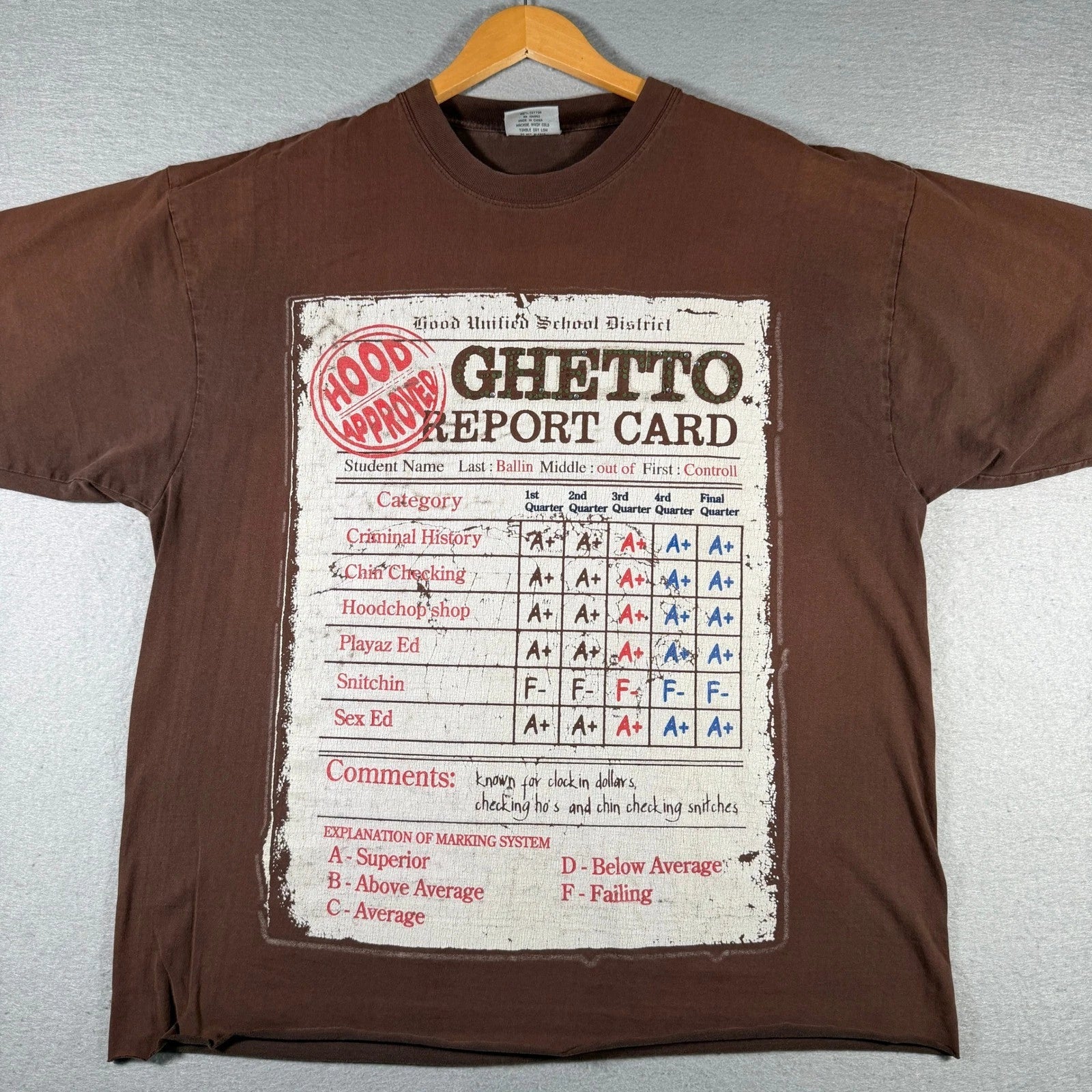 Empire Bigland Mens Ghetto Report Card Graphic T-Shirt Brown 2XL Streetwear Tee