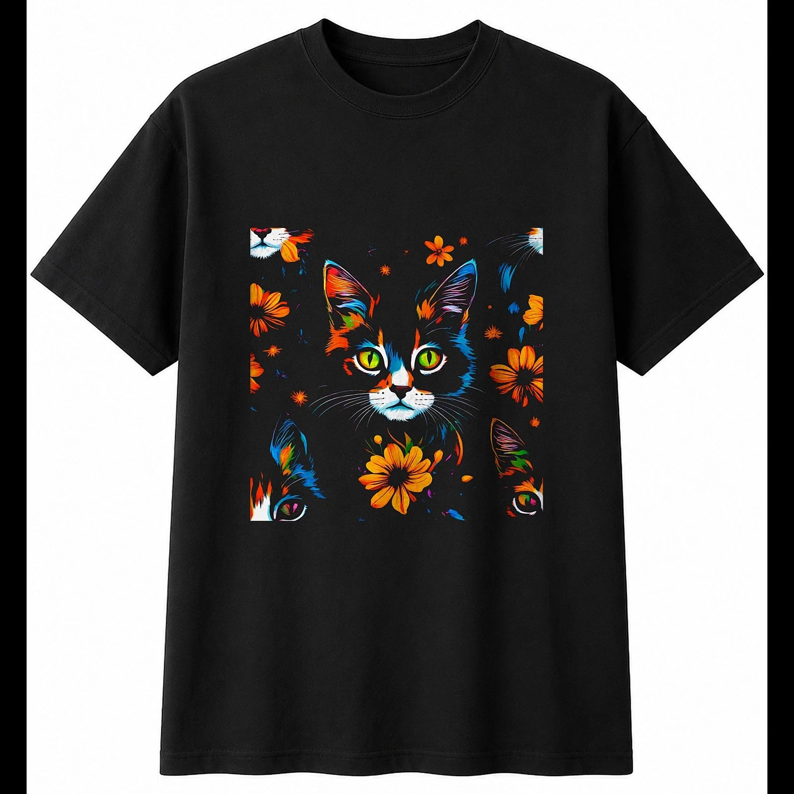 Colourful Kitten with Flowers Cat Mens T-Shirt Kawaii Cute Animal Adorable Top