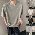 Textured Solid Color Men V Neck T Shirt Loose Short Sleeve for Spring Summer