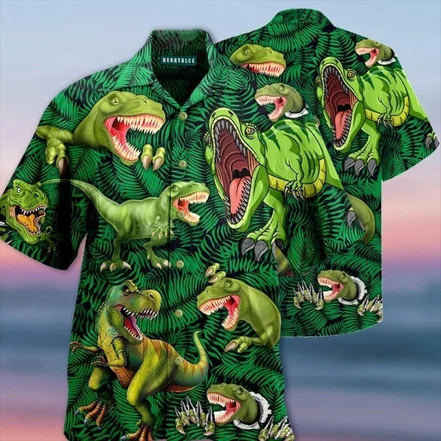 Mens Button Down Green Tyrannosaurus T-Rex Dinosaur Jungle Hawaiian Summer Shirt