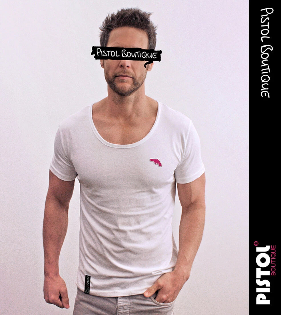 Pistol Boutique Men's White Scoop Round Neck Plain Chest Logo Badge T-shirt