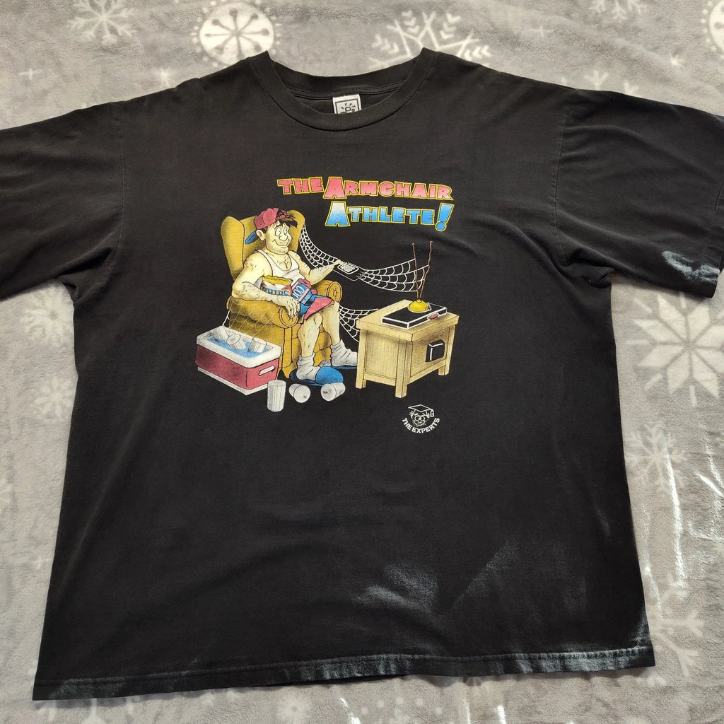 vintage 90s THE ARMCHAIR ATHLETE CARTOON LAZY JOKE T Shirt 2XL Men's Fader