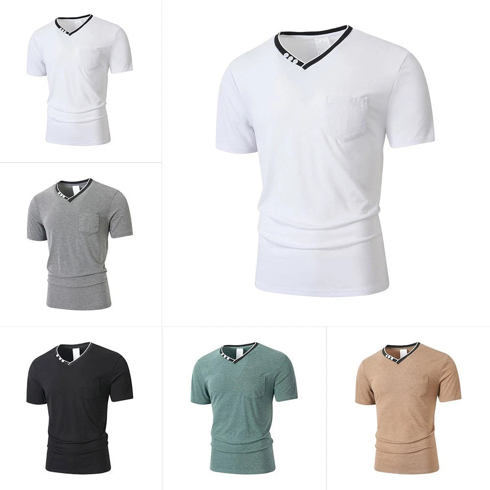 Men's V Neck Knitted T Shirt Short Sleeve Polyester Spandex Daily Casual Top