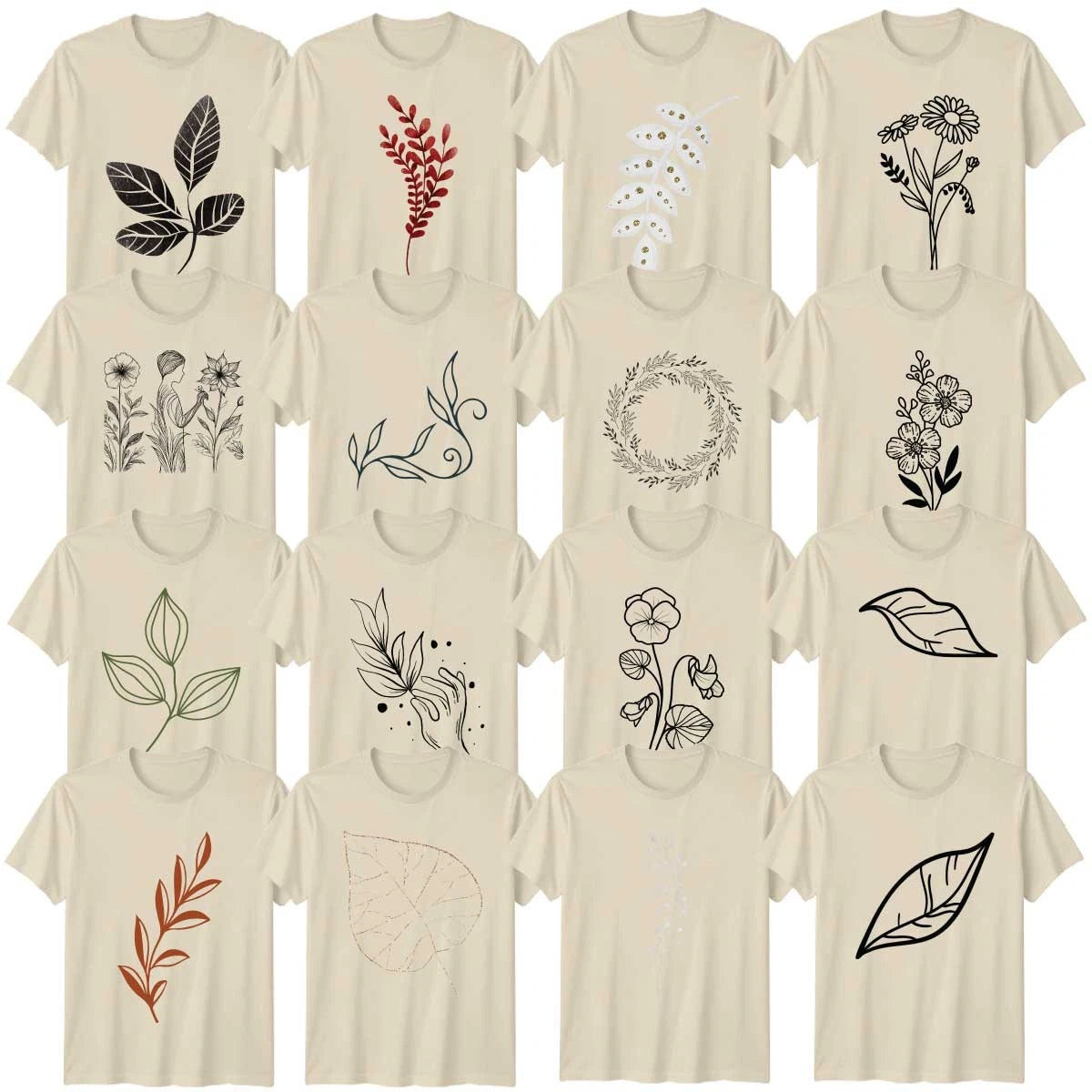 Botanical Line Art Abstract Art Adult T-Shirt Simple Leaf Nature Birthday Gift