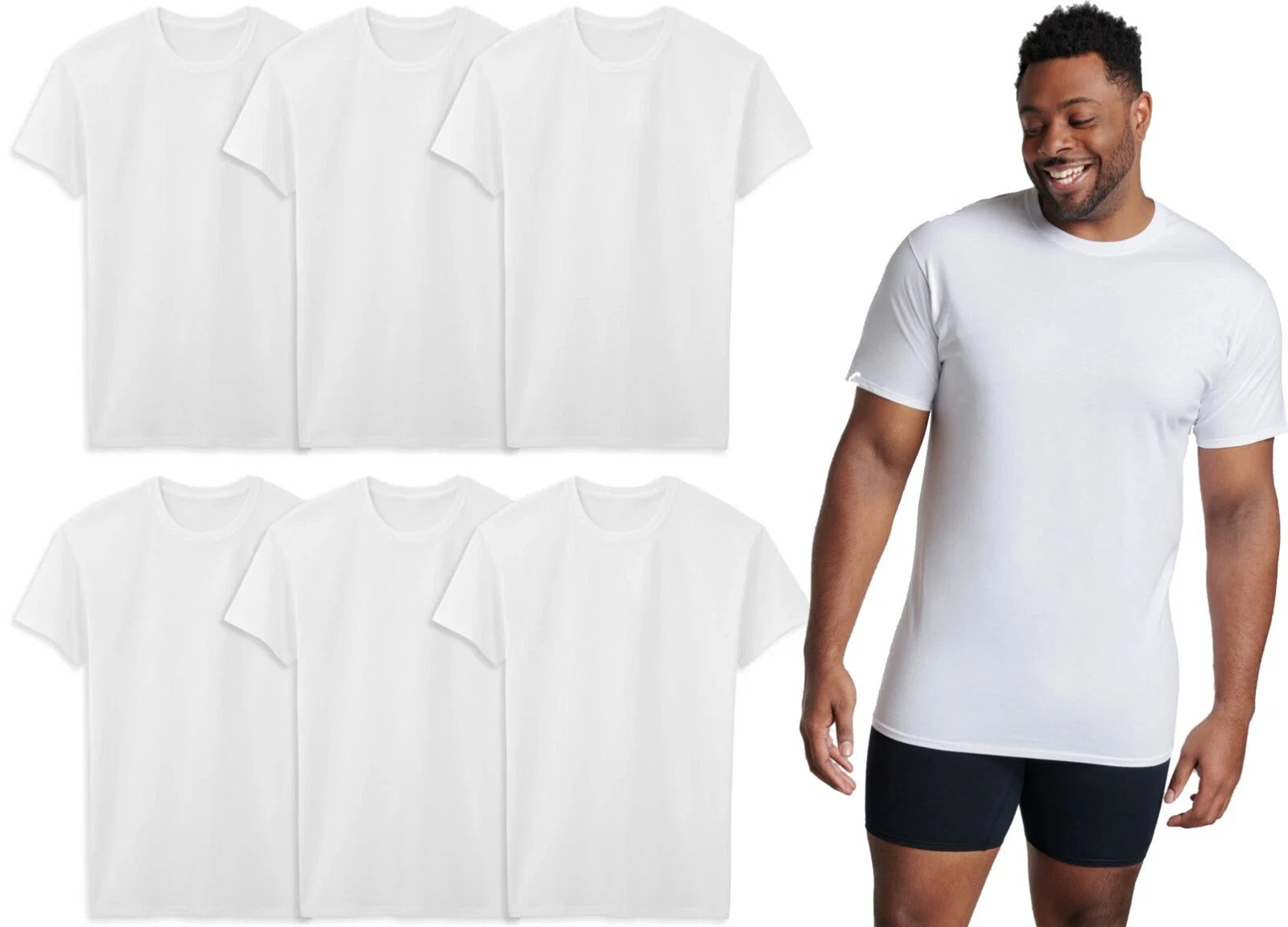 6 White Tall Man XLT 46-48 Inch Crew Neck T-Shirts Fruit Of The Loom 117-122 CM