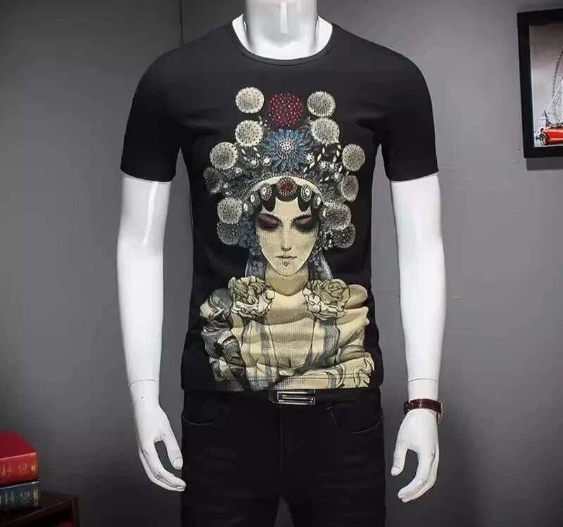 New Men Luxury Diamond Rhinestones Black White T-Shirt High Quality