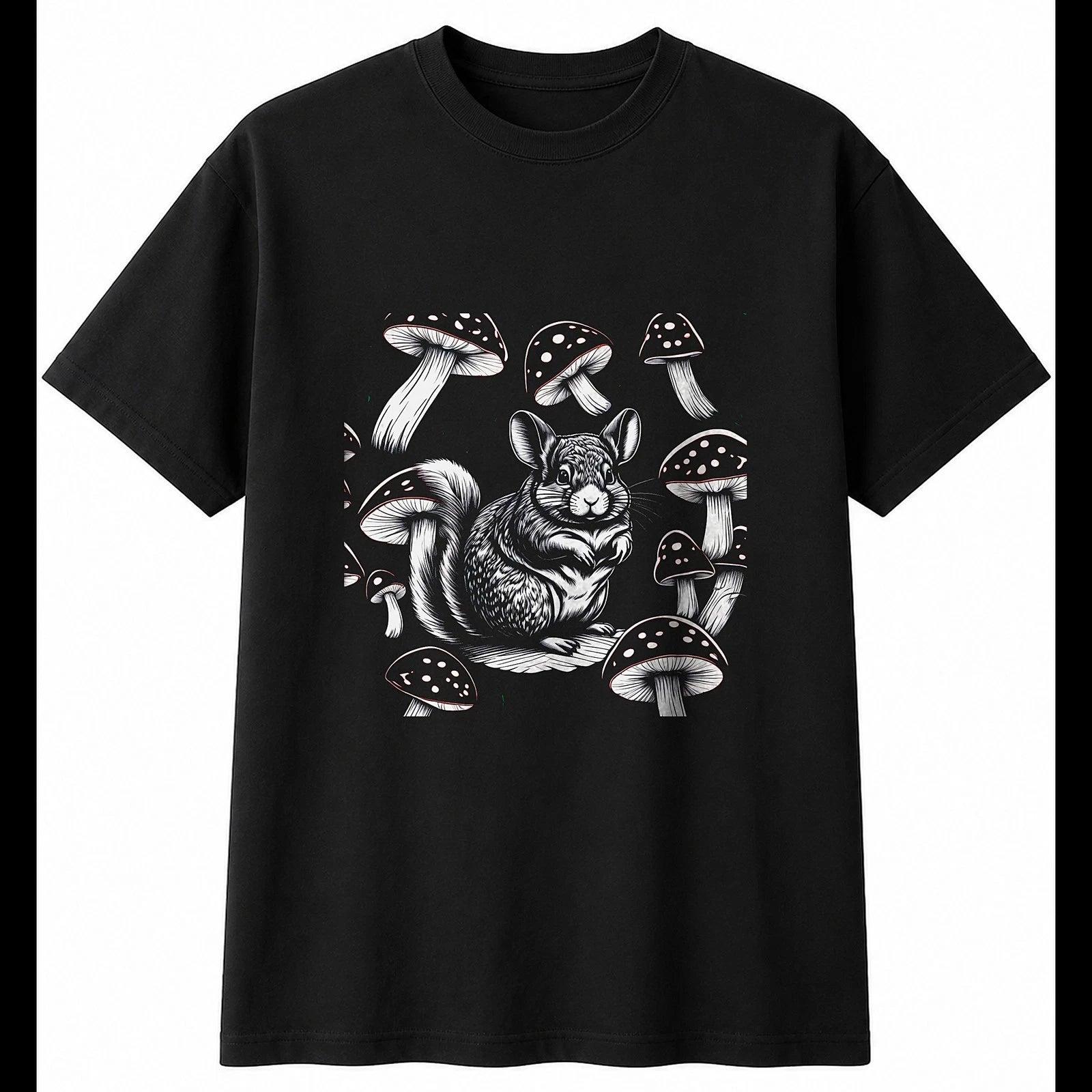 Graphic Chinchilla with Mushrooms Cute Mens T-Shirt Black 100% Cotton Kawaii