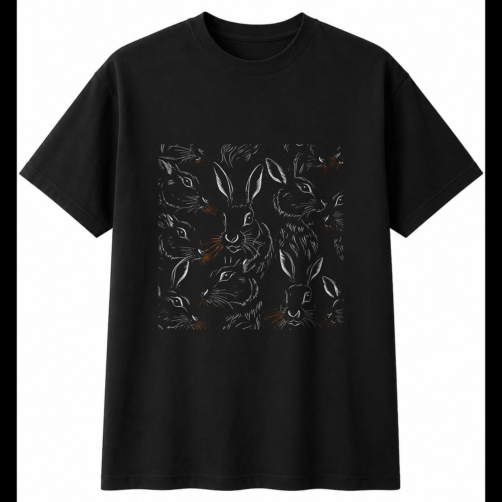 Detailed Rabbit Portrait Cute Mens T-Shirt Black 100% Cotton Kawaii