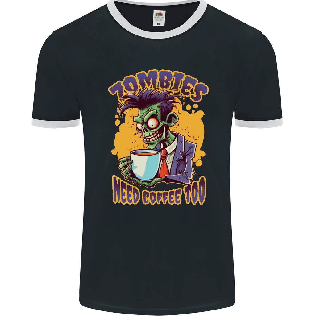 Zombies Need Coffee Too Funny Mens Ringer T-Shirt FotL