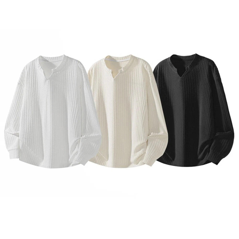 Men Solid V Neck Long Sleeve T Shirt Casual Streetwear Loose Tops Sweatshirts