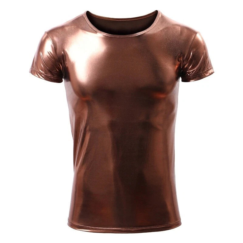 Men's Faux Leather T-Shirt Tops Shiny Metallic Wet Look Fitted Stage Club Wear