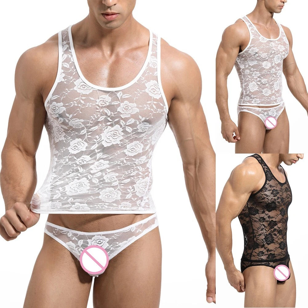 Fashionable Mens Vest Tank Top T-Shirt Floral Lace Sexy Sleeveless U Neck
